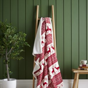 Luxury Reversible Nordic Stag Design Red/White Ultra Plush and Sherpa Fleece Throw