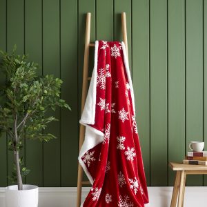 Reversible Red Snowflake Design Ultra Plush and Sherpa Christmas Fleece Throw 130cm x 180cm