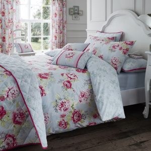 Cotton Rich Bouquet Grey/Pink/Green/Duvet Cover Set, Cushions and Bedspread