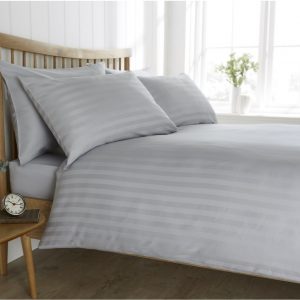 Grey 200tc Cotton Satin Stripe Duvet Cover Set, Plain Grey Pillowcase Pair & Fitted Sheet